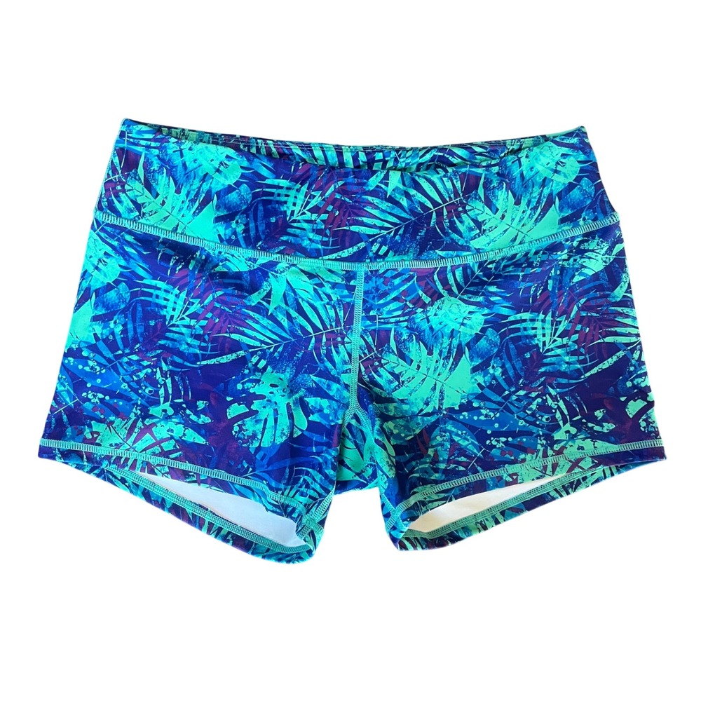 Born Primitive Womens Tropical Palm Print Compression Booty Shorts Teal Blue M